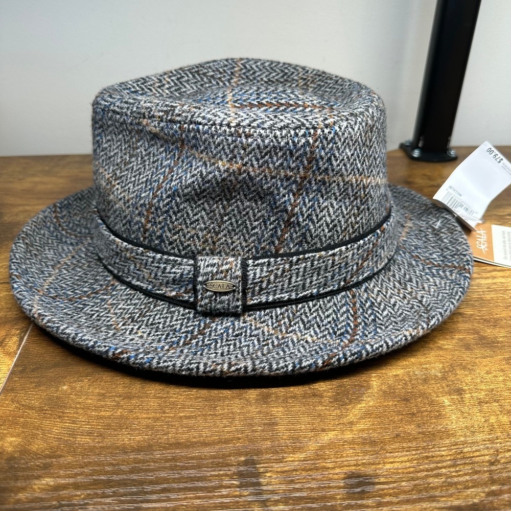 NEW Scala Classico Men Grey Herringbone Plaid Wool Blend Fedora Hat Medium